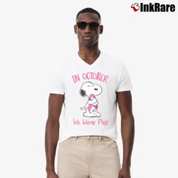 Men’s In October We Wear Pink Snoopy Breast Cancer V-Neck Tee in white | Sharp, Breathable, Everyday Staple
