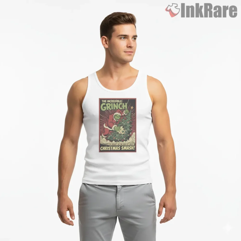 Incredible Grinch Christmas Tree Smash Holiday Shirt on white tank top for men graphic tee