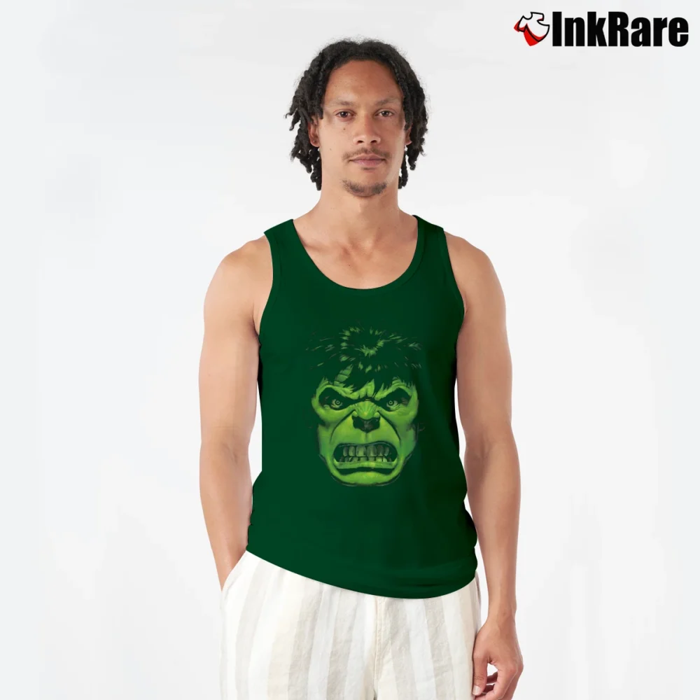 Men’s Incredible Hulk Angry Face Marvel Comics Tank Top in forest green | Breathable, Active-Friendly Design