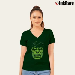 Women’s Incredible Hulk Angry Face Marvel Comics V-Neck Tee in forest green | Chic Neckline, Soft Texture