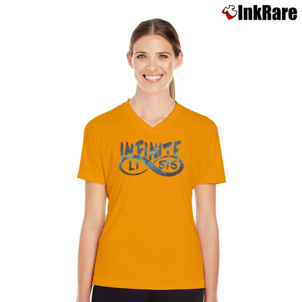 Women’s Infinite Lists Galaxy Logo Merch V-Neck Tee in orange | Chic Neckline, Soft Texture