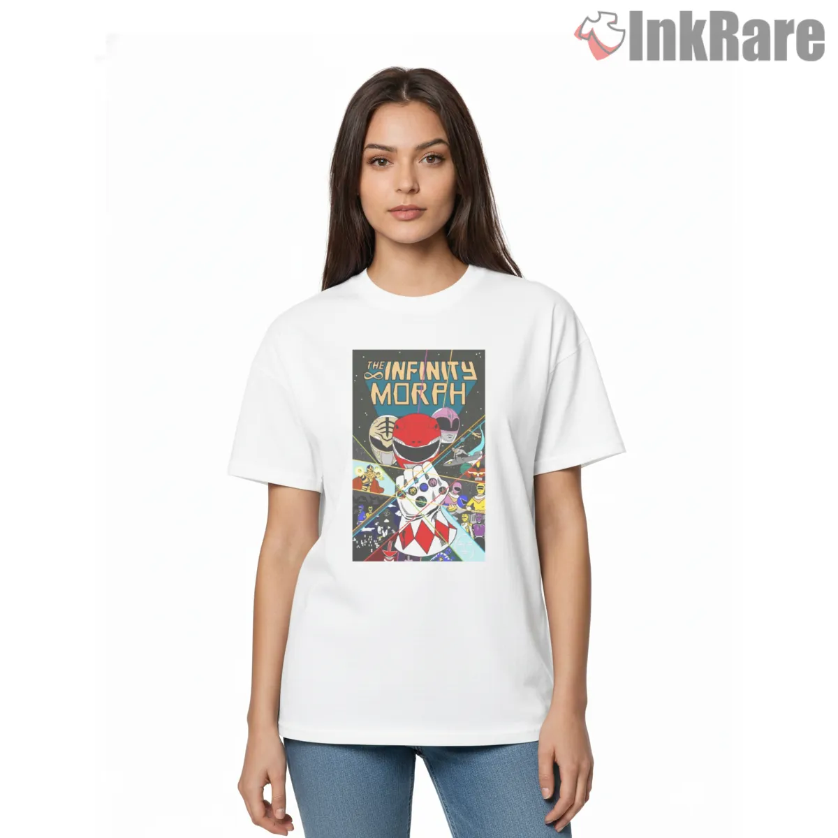 Infinity Morph Multiverse Rangers Poster Short Sleeve White Infinity Morph Multiverse Rangers Poster Shirt on white short sleeve shirt for women graphic tee