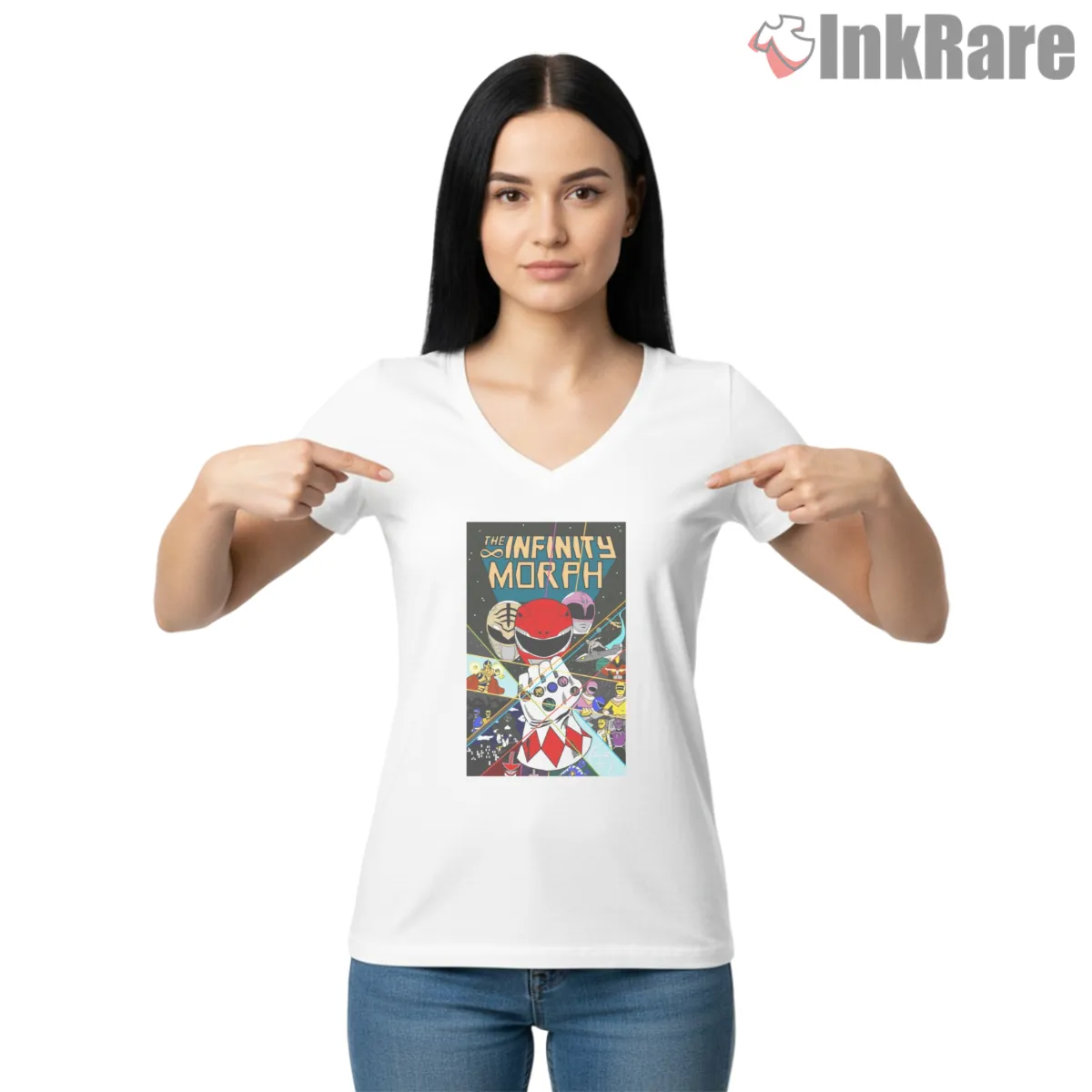 Infinity Morph Multiverse Rangers Poster Shirt on white v-neck shirt for women graphic tee