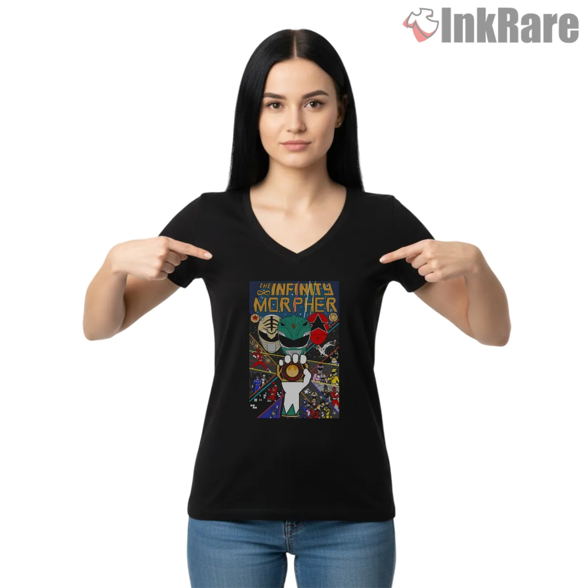 Infinity Morpher Cosmic Ranger Legacy Shirt on black v-neck shirt for women graphic tee