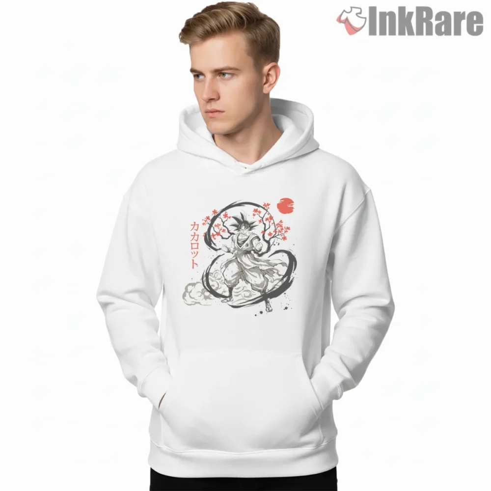 Ink Wash Goku Rising Dragon Calligraphy Shirt on white hoodie for men graphic tee