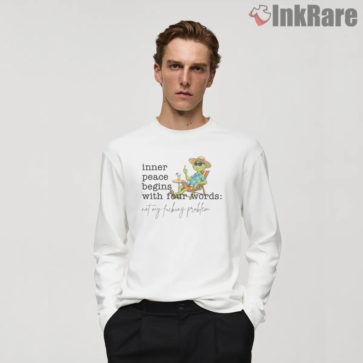 Inner Peace Four Words Grinch Chill Shirt on white long sleeve shirt for men graphic tee