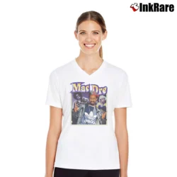 Women’s Inspired Mac Dre Rap V-Neck Tee in white | Chic Neckline, Soft Texture
