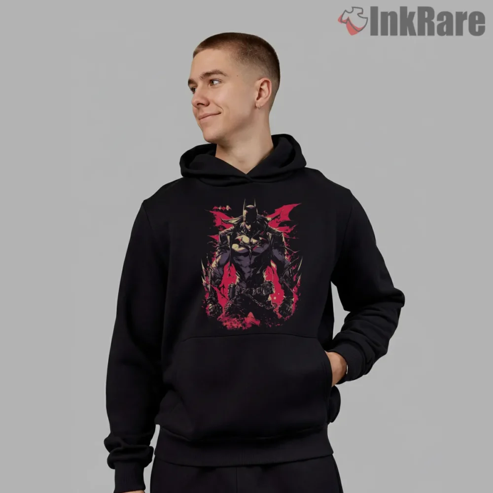 Intense Neon Crimson Armor Batman Shirt on black hoodie for men graphic tee