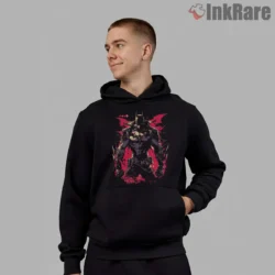 Intense Neon Crimson Armor Batman Shirt on black hoodie for men graphic tee