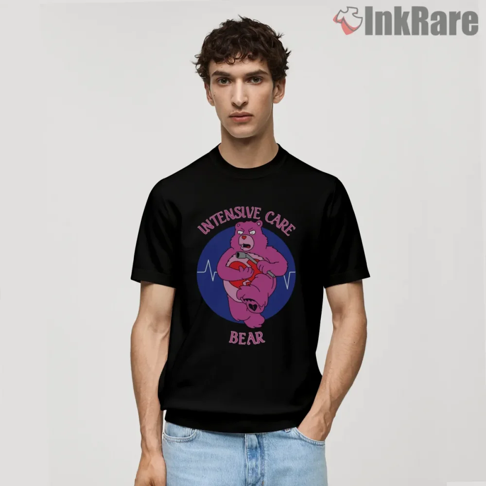 Intensive Care Bear Dark Parody Cartoon Mashup Shirt on black short sleeve shirt for men graphic tee