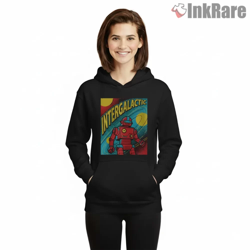 Intergalactic Comic Robot Beastie Boys Shirt on black hoodie for women graphic tee