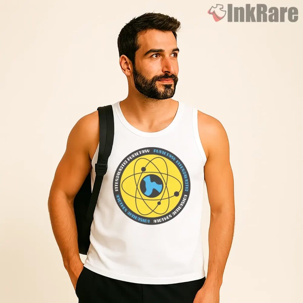 Intergalactic Planetary Beasties Atomic Emblem Shirt on white tank top for men graphic tee