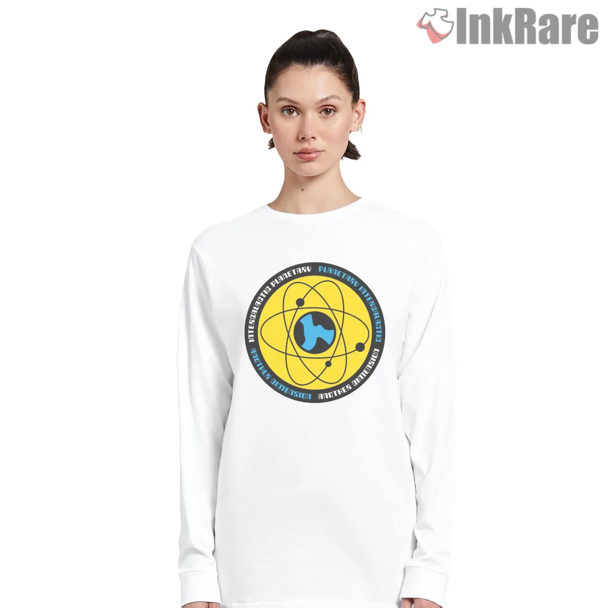 Intergalactic Planetary Beasties Atomic Emblem Shirt on white long sleeve shirt for women graphic tee