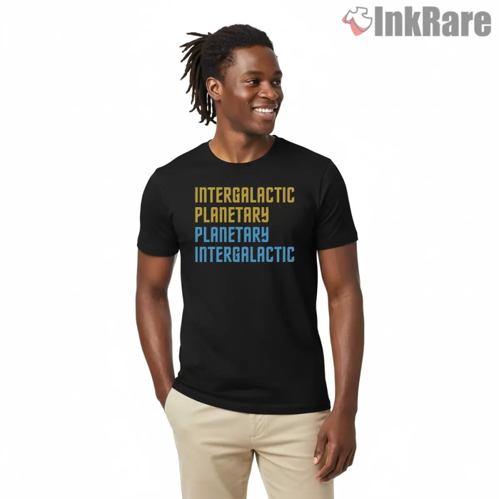Intergalactic Planetary Bold Block Text Shirt on black short sleeve shirt for men graphic tee