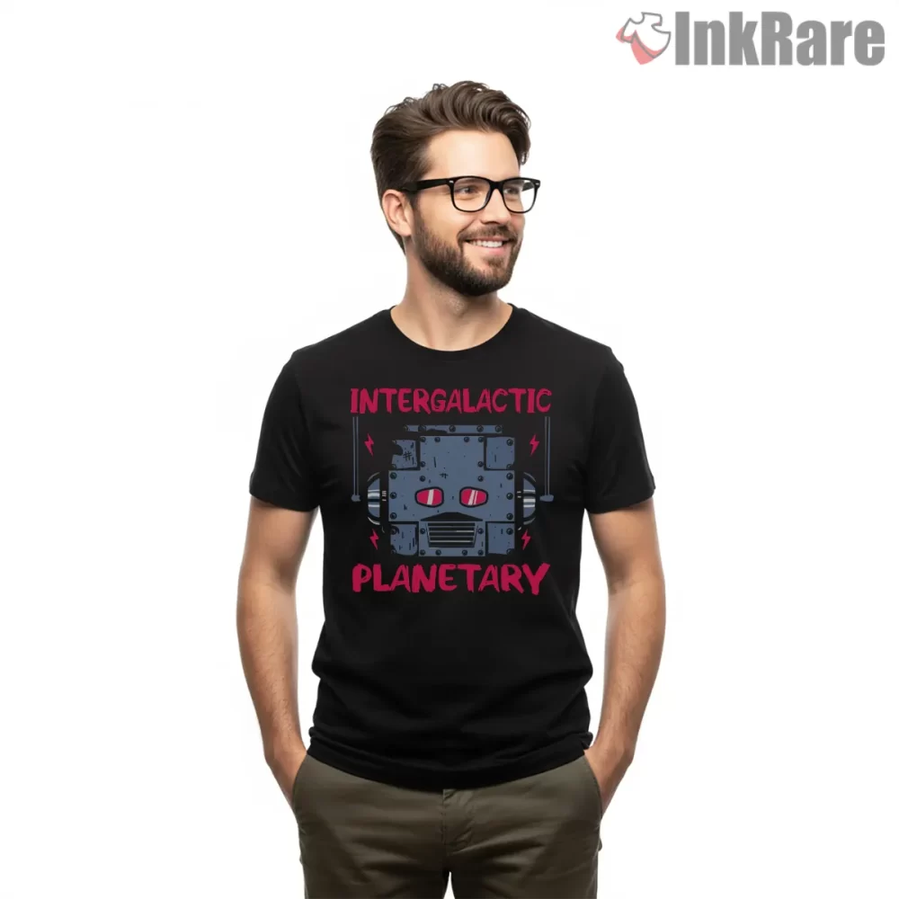 Intergalactic Planetary Robot Head Shirt on black short sleeve shirt for men graphic tee