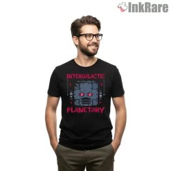 Intergalactic Planetary Robot Head Shirt on black short sleeve shirt for men graphic tee