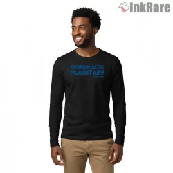 Intergalactic Planetary Sega Style Typography Shirt on black long sleeve shirt for men graphic tee