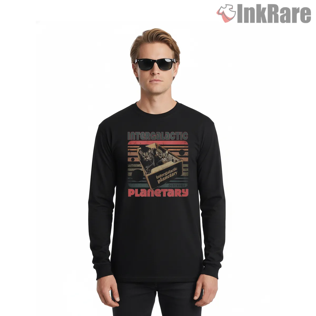 Intergalactic Planetary Space Cats Shirt on black long sleeve shirt for men graphic tee