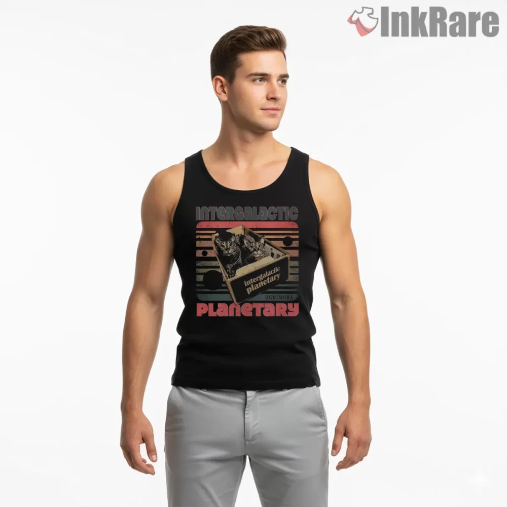 Intergalactic Planetary Space Cats Shirt on black tank top for men graphic tee
