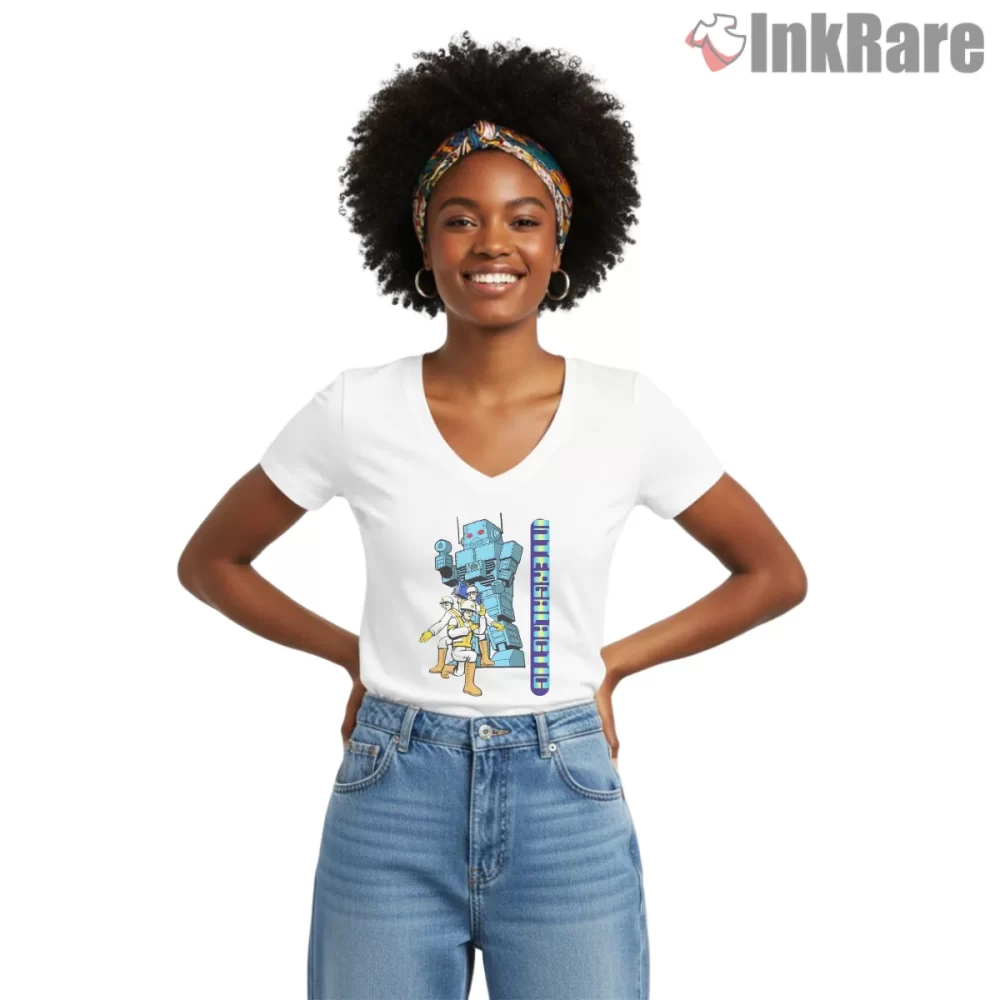 Intergalactic Robot Squad Beastie Boys Shirt on white v-neck shirt for women graphic tee