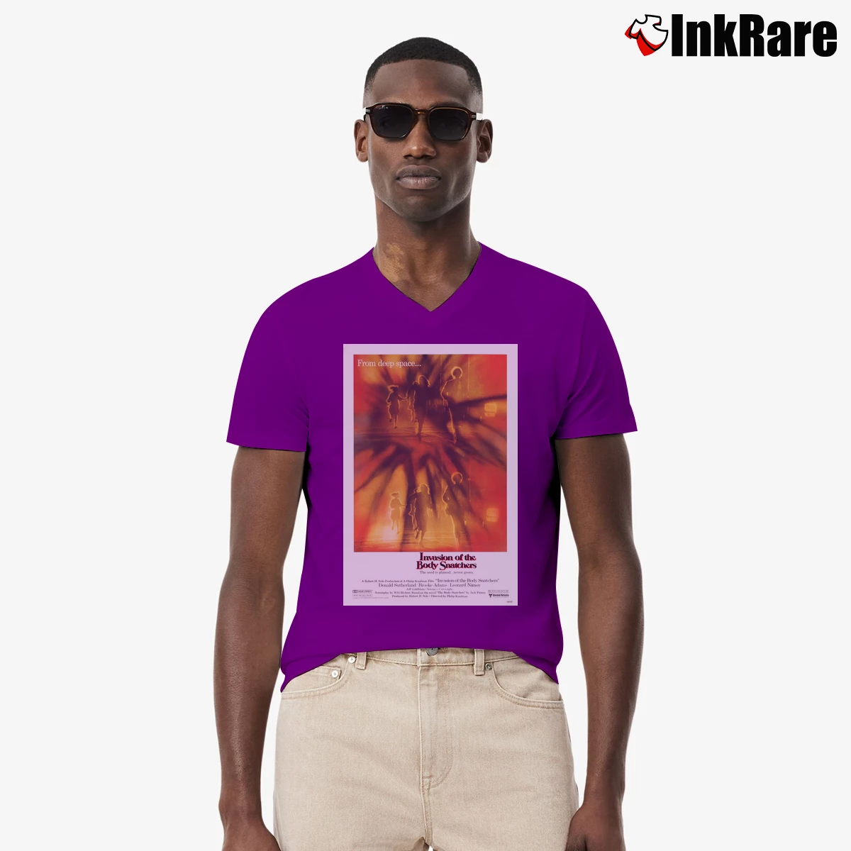 Men’s Invasion Of The Body Snatchers 70s Movie Poster V-Neck Tee in purple | Sharp, Breathable, Everyday Staple