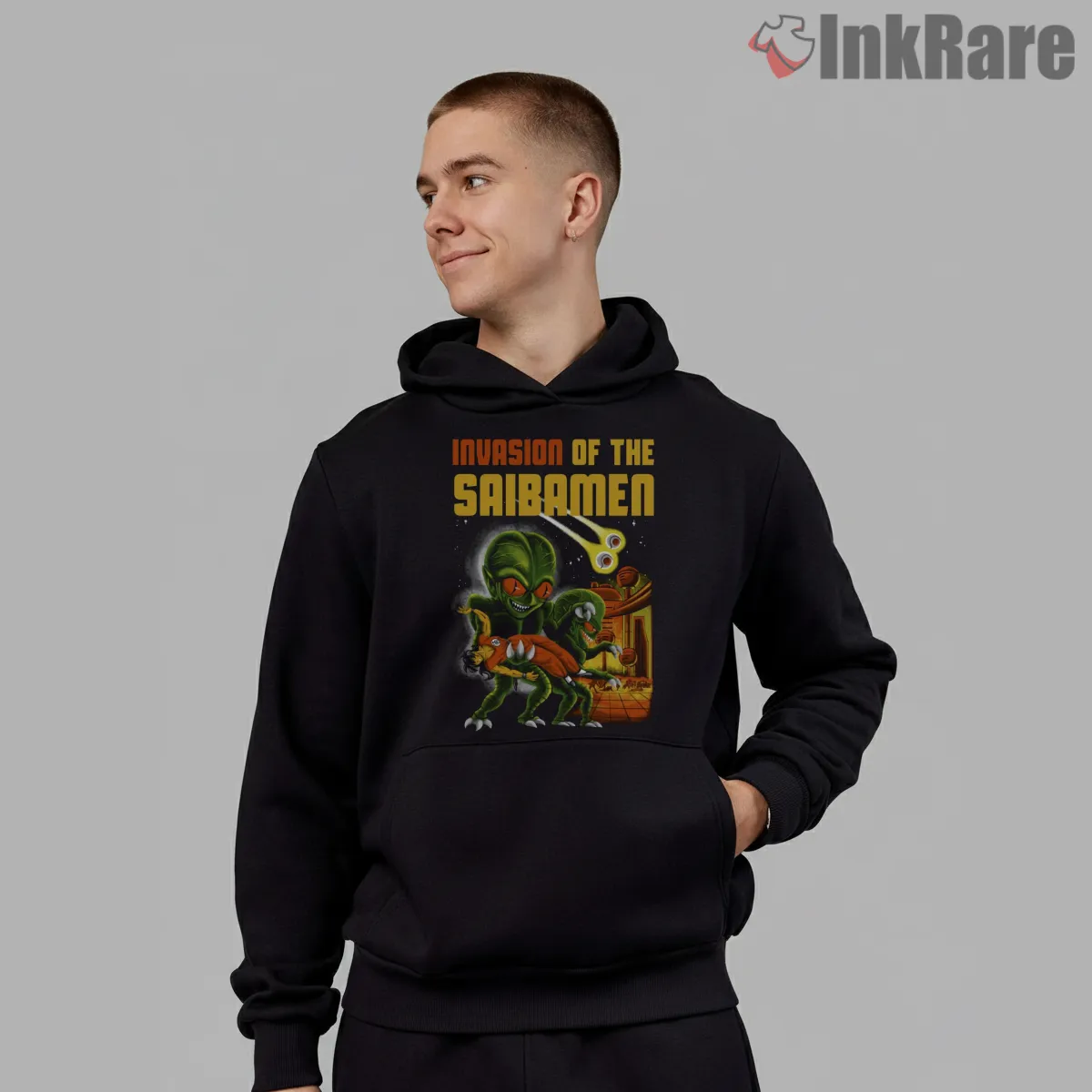 Invasion Of The Saibamen Retro Horror Poster Hoodie Black Invasion Of The Saibamen Retro Horror Poster Shirt on black hoodie for men graphic tee