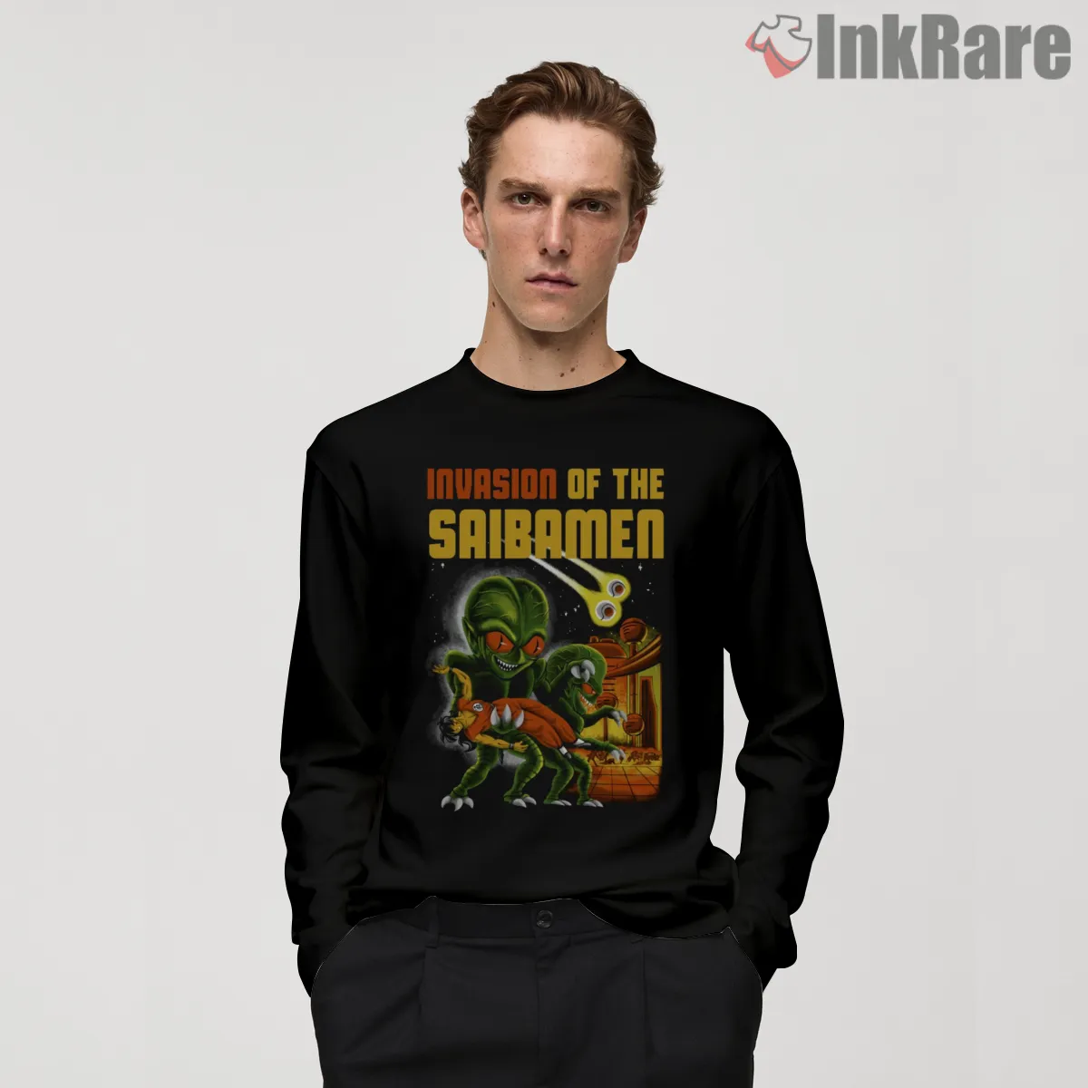 Invasion Of The Saibamen Retro Horror Poster Long Sleeve Black Invasion Of The Saibamen Retro Horror Poster Shirt on black long sleeve shirt for men graphic tee