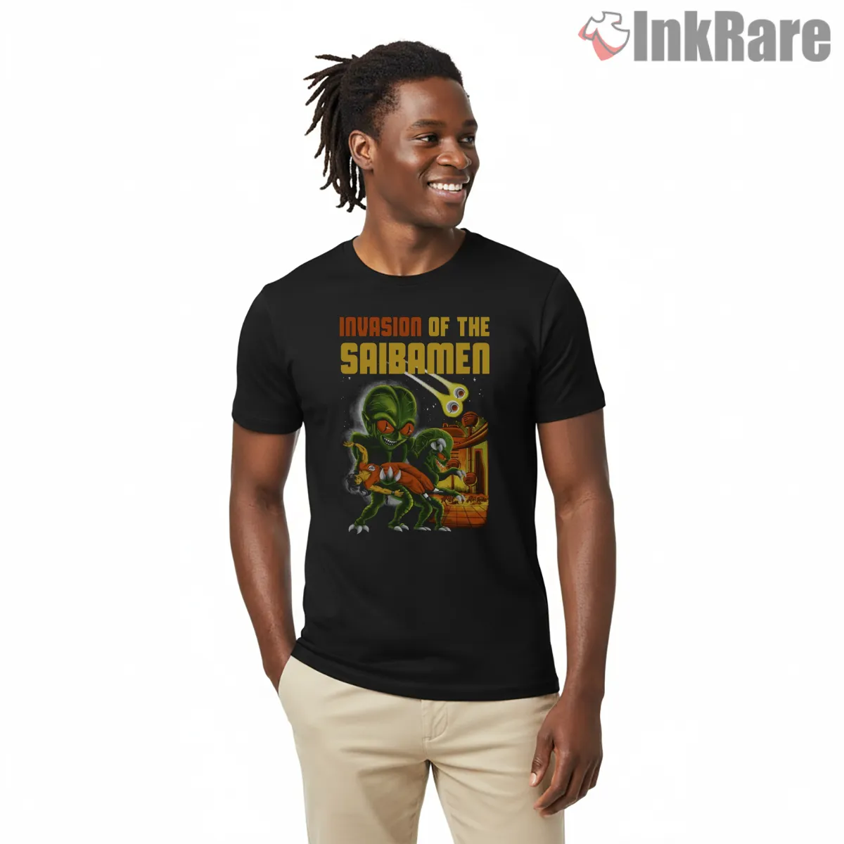Invasion Of The Saibamen Retro Horror Poster Short Sleeve Black Invasion Of The Saibamen Retro Horror Poster Shirt on black short sleeve shirt for men graphic tee