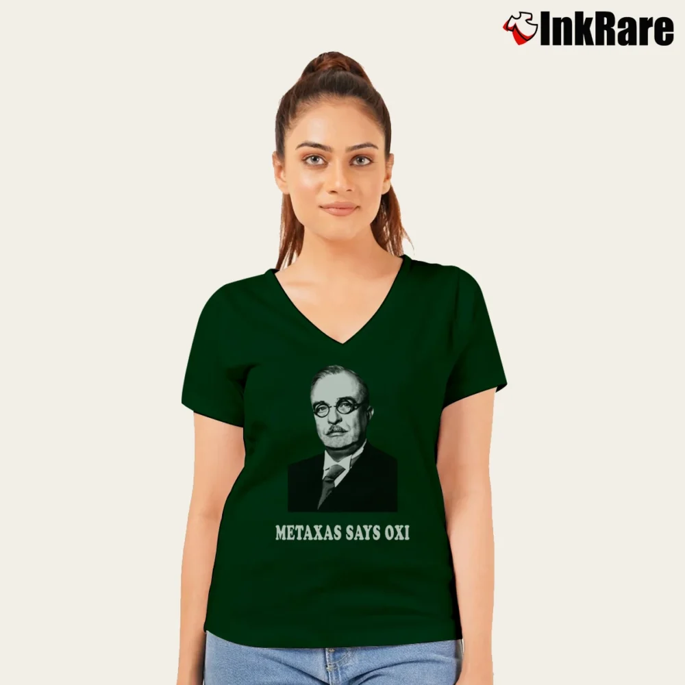 Women’s Ioannis Metaxas Oxi Greek Ww2 V-Neck Tee in forest green | Chic Neckline, Soft Texture