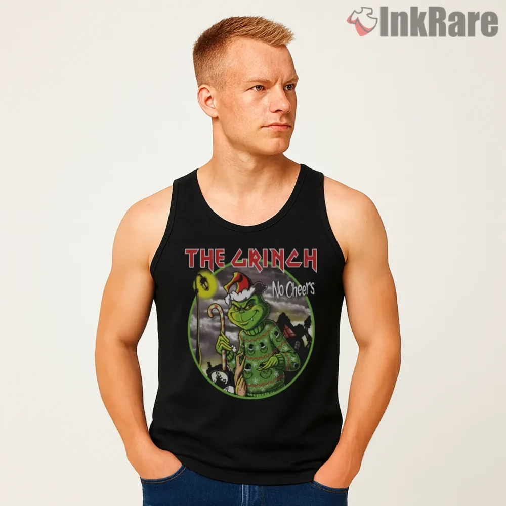 Iron Grinch No Cheers Heavy Metal Christmas Shirt on black tank top for men graphic tee
