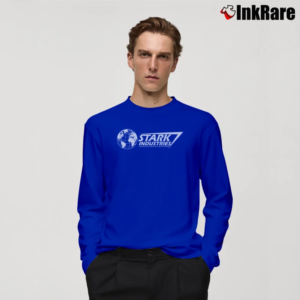 Men’s Iron Man Stark Industries Marvel Comics Long-Sleeve Shirt in royal blue | Sleek, Lightweight, Year-Round Wear