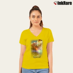Women’s Iron Man Strike Force Glow Portrait Marvel V-Neck Tee in yellow | Chic Neckline, Soft Texture