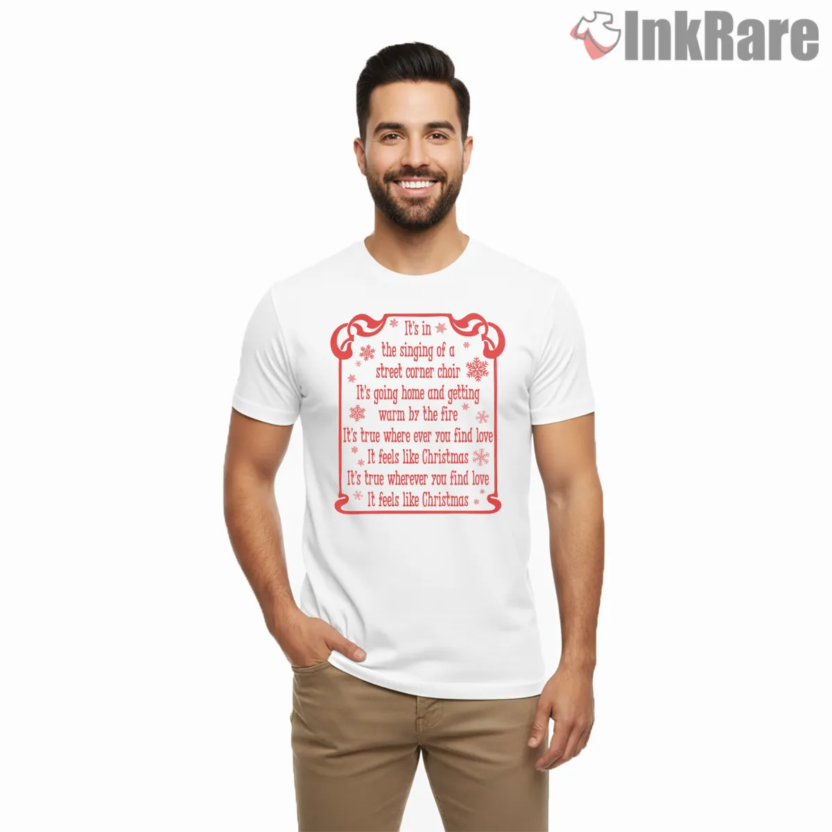 It Feels Like Christmas Classic Holiday Quote Short Sleeve White It Feels Like Christmas Classic Holiday Quote Shirt on white short sleeve shirt for men graphic tee