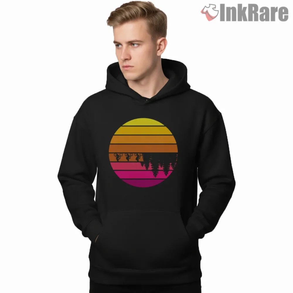 It Gets Stranger Retro Sunset Bike Adventure Shirt on black hoodie for men graphic tee