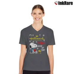 Women’s It's A Hallmark Channel And Coffee Kind Of Day Snoopy V-Neck Tee in charcoal | Chic Neckline, Soft Texture