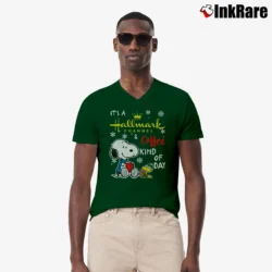 Men’s It's A Hallmark Channel And Coffee Kind Of Day Snoopy V-Neck Tee in forest green | Sharp, Breathable, Everyday Staple