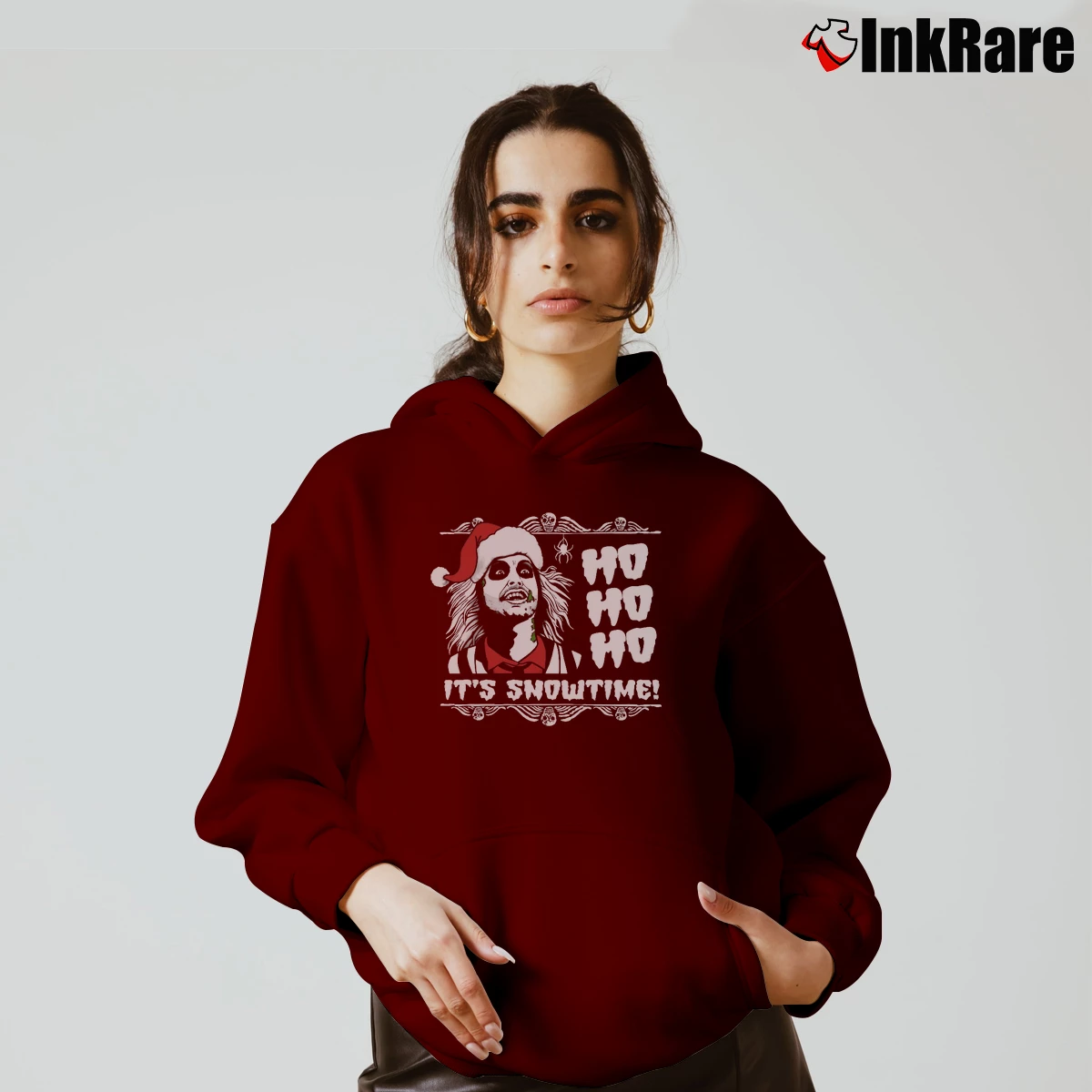 It’s Show Time Beetlejuice Christmas Women’s Cozy Hoodie in maroon – Urban Chic Women’s It's Show Time Beetlejuice Christmas Cozy Hoodie in maroon | Warm, Structured, Stylish
