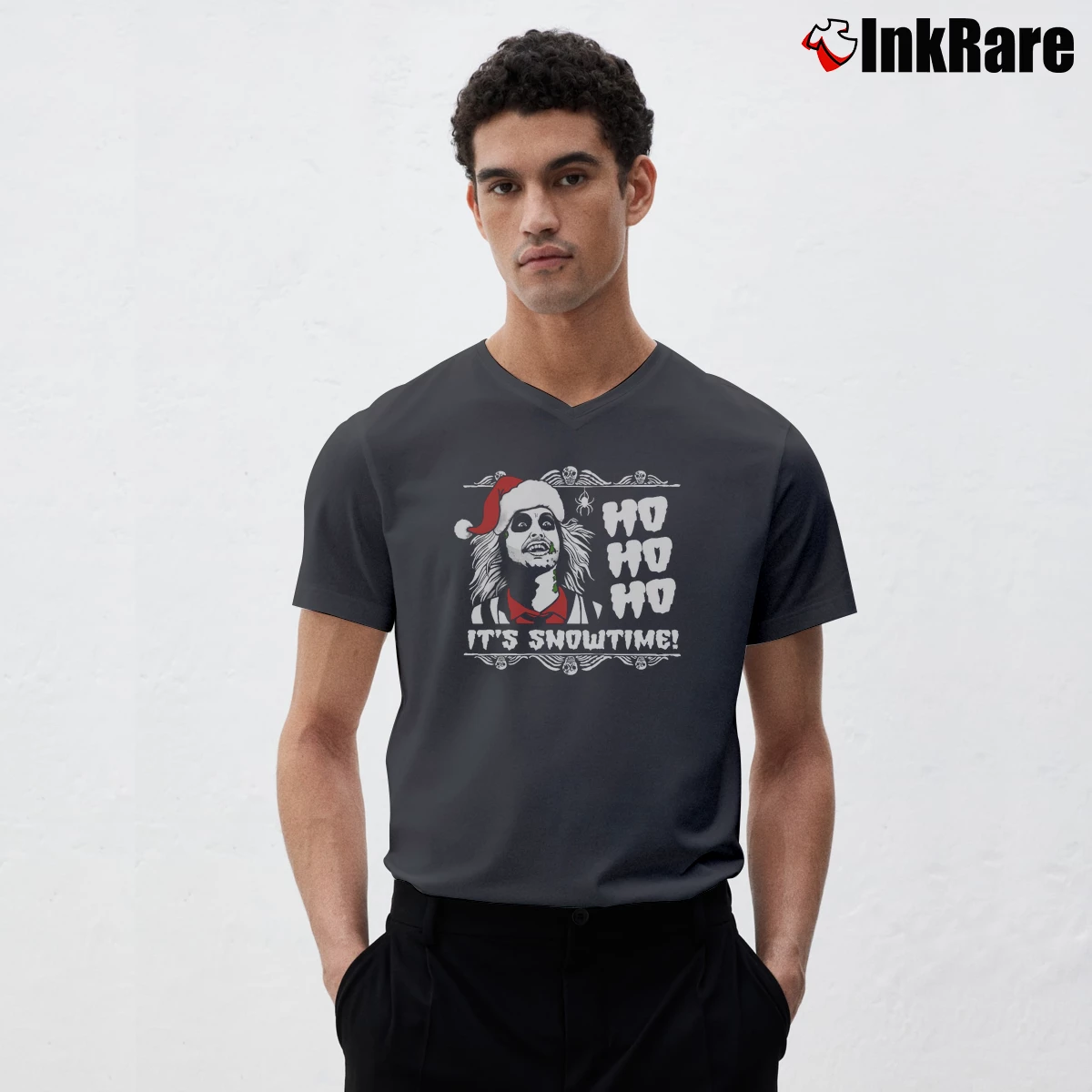 It’s Show Time Beetlejuice Christmas Men’s V-Neck Tee in charcoal – Modern Essential Men’s It's Show Time Beetlejuice Christmas V-Neck Tee in charcoal | Sharp, Breathable, Everyday Staple