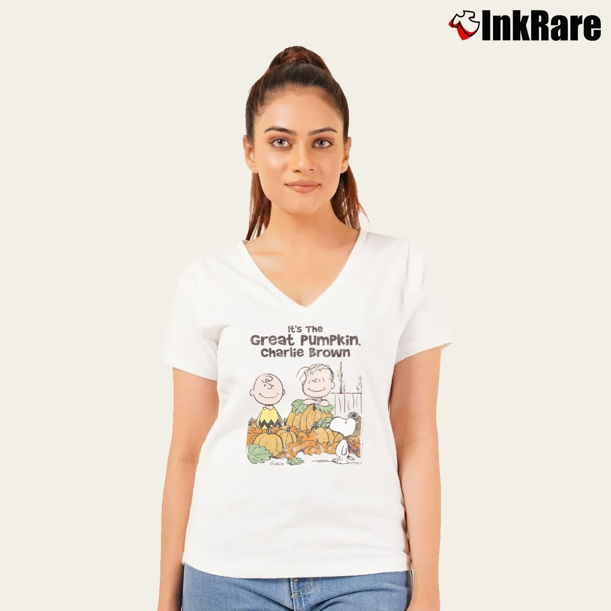 It’s The Great Pumpkin Charlie Brown Women’s V-Neck Tee in white – Flattering Fit Women’s It's The Great Pumpkin Charlie Brown V-Neck Tee in white | Chic Neckline, Soft Texture