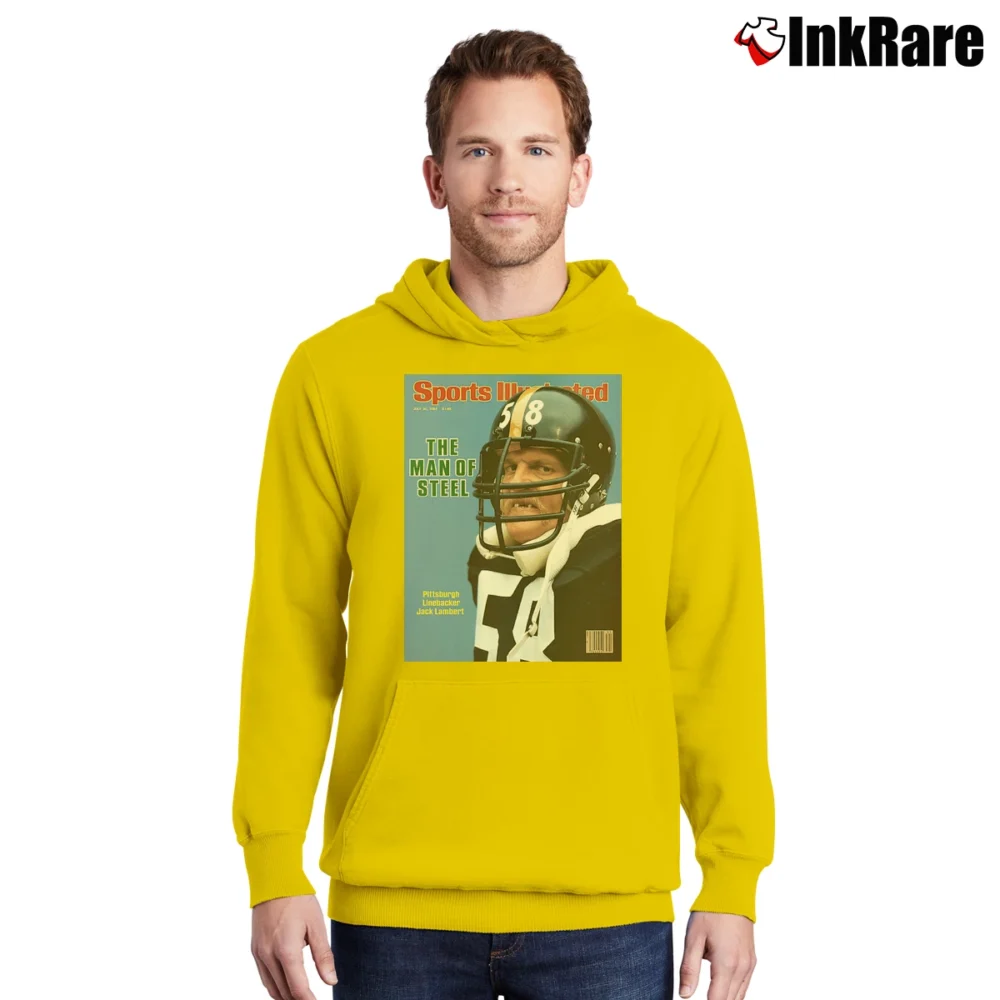 Men’s jack lambert man of steel pittsburgh steelers legend football fan Pullover Hoodie in yellow | Cozy, Durable, Modern Fit