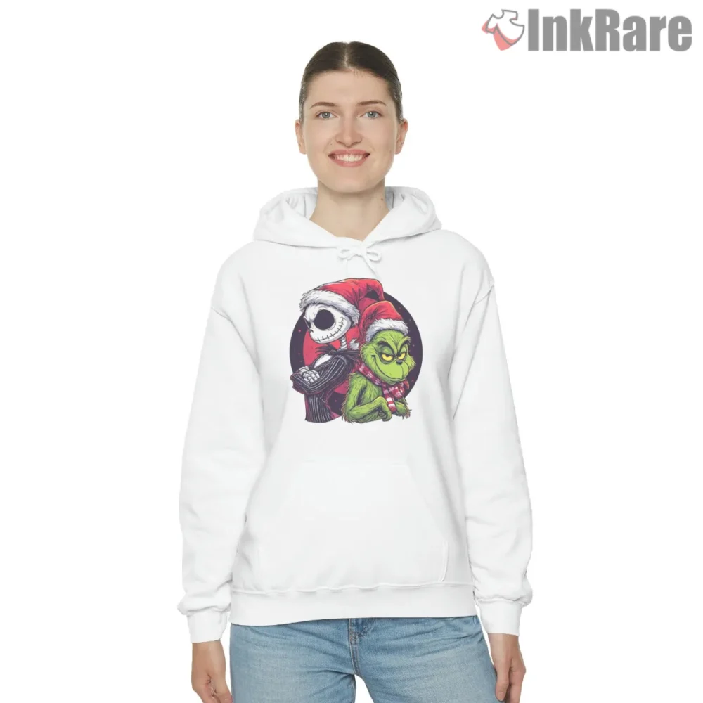 Jack Skellington And Grinch Hug Christmas Shirt on white hoodie for women graphic tee