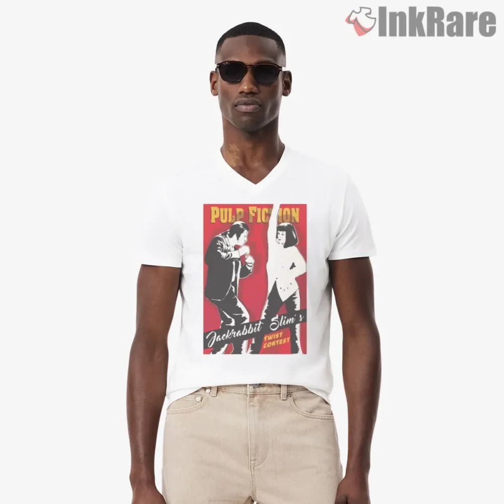 Jackrabbit Twist Dance Contest Poster Shirt on white v-neck shirt for men graphic tee