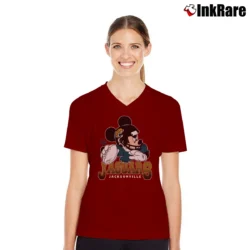 Women’s Jacksonville Jaguars Disney Mickey Mouse Quarterback V-Neck Tee in maroon | Chic Neckline, Soft Texture