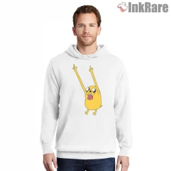 Jake Celebrating Arms Up Excited Cartoon Shirt on white hoodie for men graphic tee