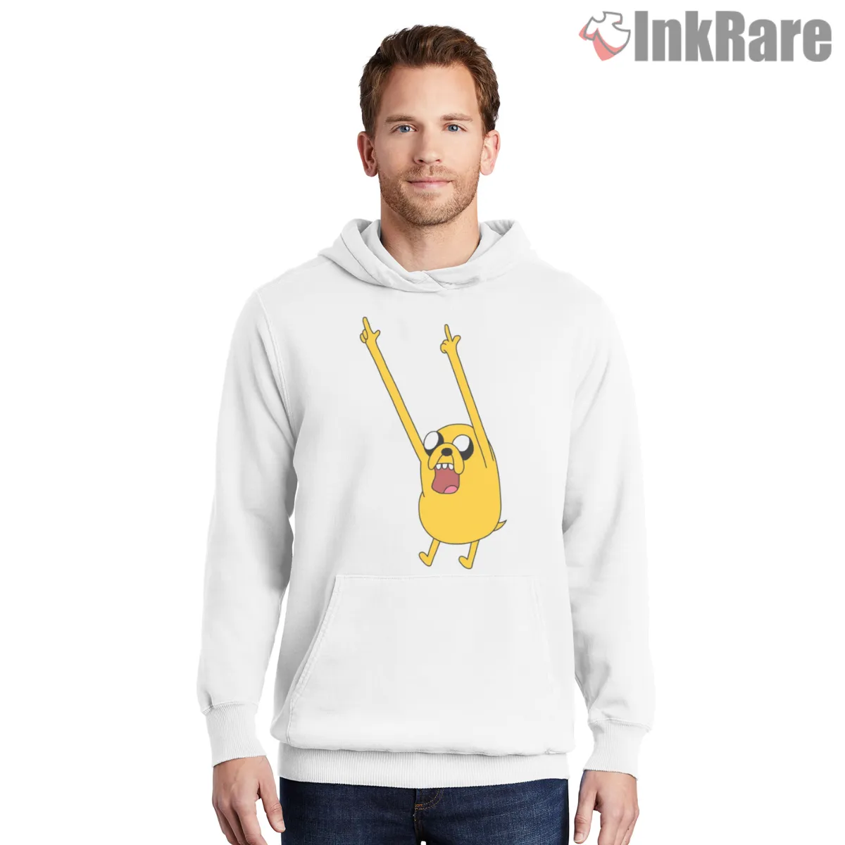Jake Celebrating Arms Up Excited Cartoon Hoodie White Jake Celebrating Arms Up Excited Cartoon Shirt on white hoodie for men graphic tee