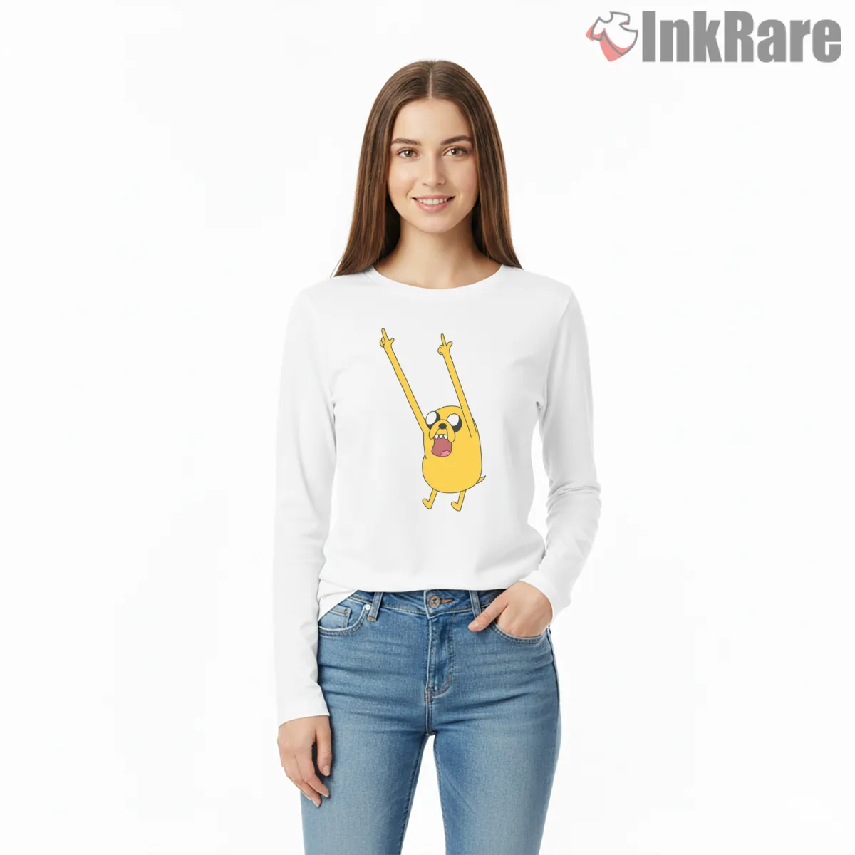 Jake Celebrating Arms Up Excited Cartoon Long Sleeve White Jake Celebrating Arms Up Excited Cartoon Shirt on white long sleeve shirt for women graphic tee