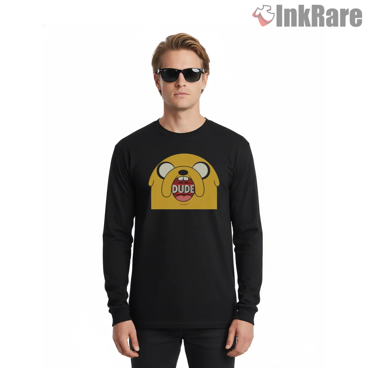 Jake Dude Quote Face Close Up Cartoon Long Sleeve Black Jake Dude Quote Face Close Up Cartoon Shirt on black long sleeve shirt for men graphic tee