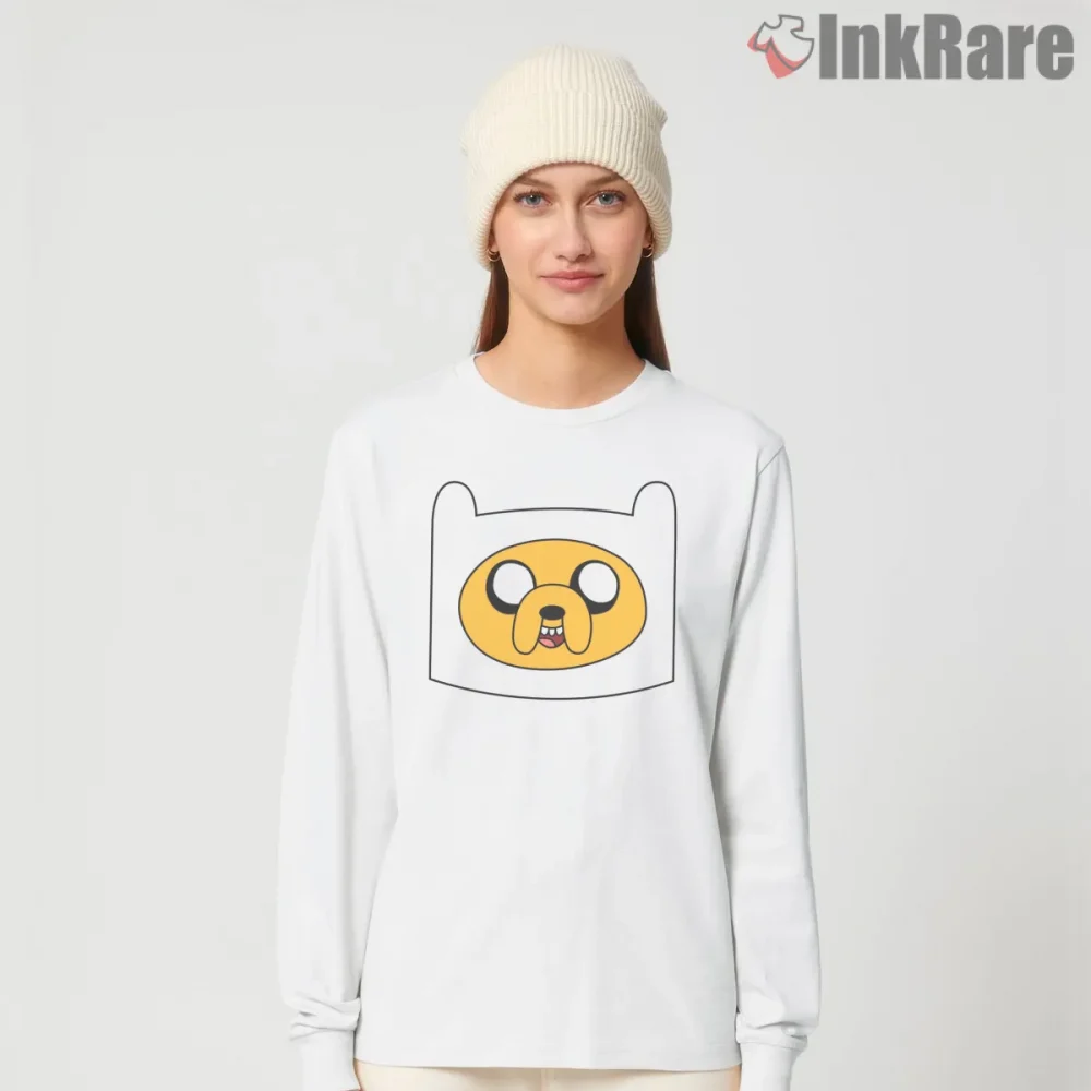 Jake Face Inside Finn Hood Minimal Cartoon Shirt on white long sleeve shirt for women graphic tee