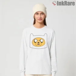 Jake Face Inside Finn Hood Minimal Cartoon Shirt on white long sleeve shirt for women graphic tee