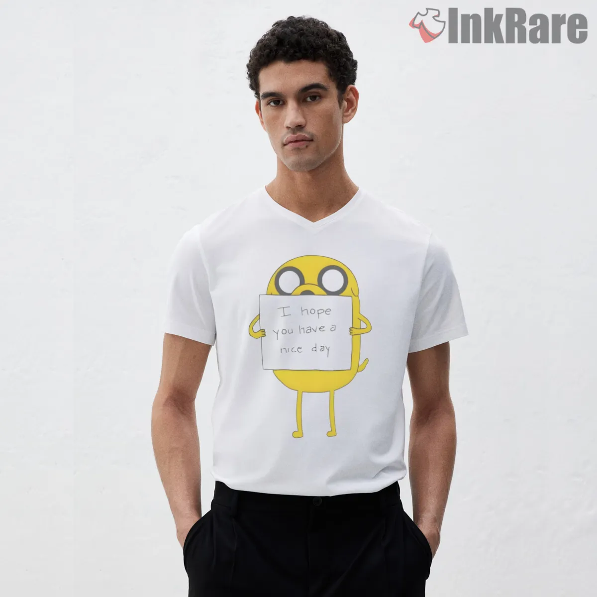 Jake Holding Note Funny Quote Cartoon V Neck White Jake Holding Note Funny Quote Cartoon Shirt on white v-neck shirt for men graphic tee